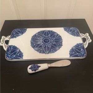 Bombay Chinoiserie Blue White Ceramic Platter Serving Tray + Cheese Spreader